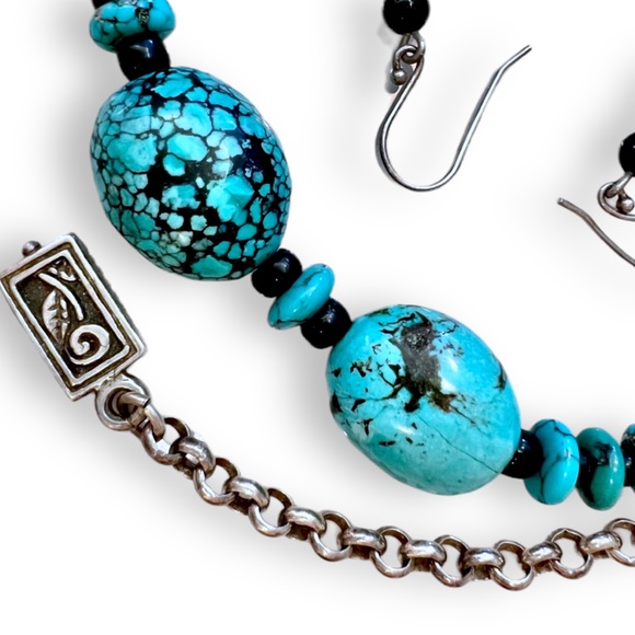 Vintage Handmade Turquoise Necklace with Onyx Solid 925 Sterling Silver+Earrings - Picture 15 of 15